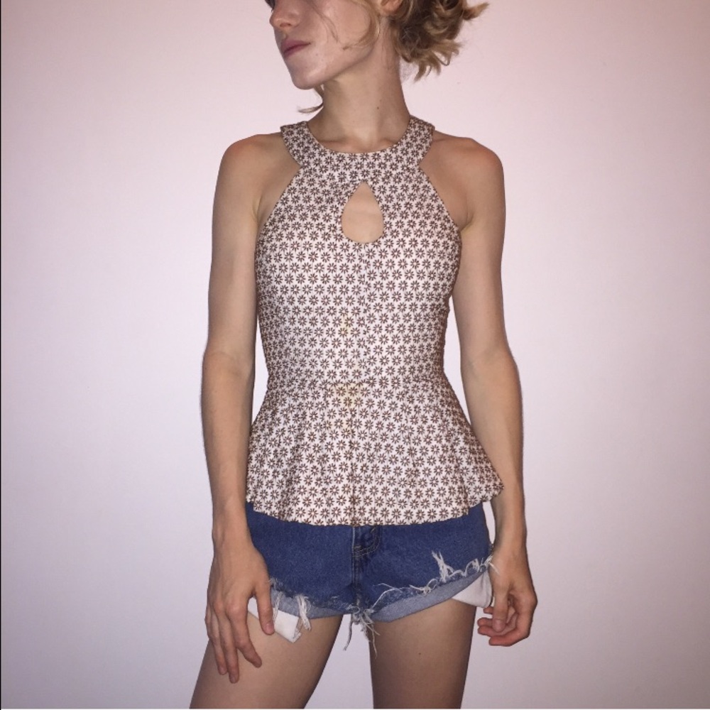 Anthropologie Floral Peplum Top - Cream and Brown